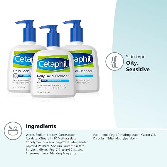 Face Wash by Cetaphil, Daily Facial Cleanser for Combination to Oily Sensitive Skin, 8 oz Pack of 3, Gentle Foaming Deep Clean Without Stripping