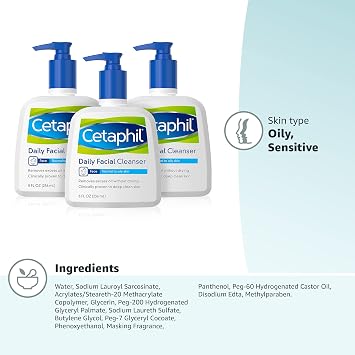 Face Wash by Cetaphil, Daily Facial Cleanser for Combination to Oily Sensitive Skin, 8 oz Pack of 3, Gentle Foaming Deep Clean Without Stripping