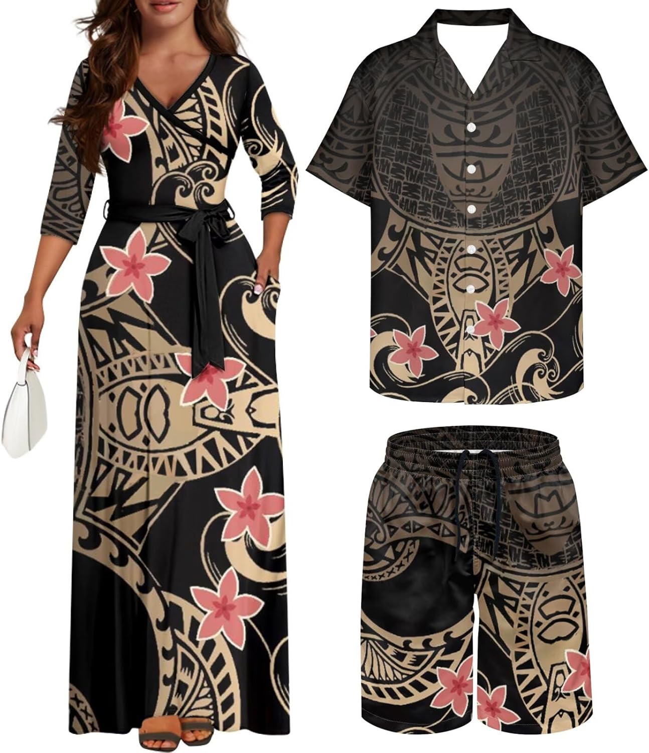 Samoa Couple Outfit Polynesian Dress for Women Traditional Puletasi Shirts for Men Tribal Shorts Trunks