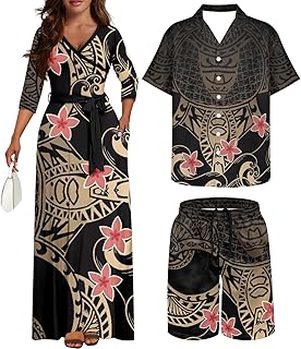 Samoa Couple Outfit Polynesian Dress for Women Traditional Puletasi Shirts for Men Tribal Shorts Trunks