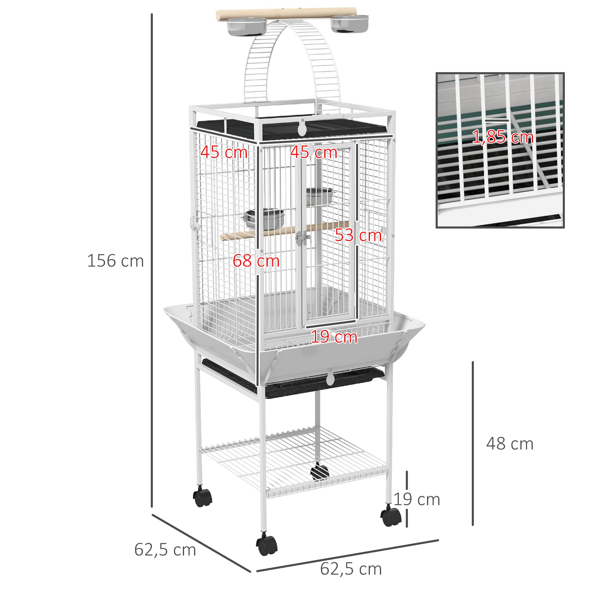 PawHut Jaula para Pájaros Jaula para Loros con Ruedas Perchas Comederos Estante Puente Arqueado y Bandejas Extraíbles Pajarera para Cacatúa NINFA Cacatúas Cotorras 62,5x62,5x156 cm Blanco