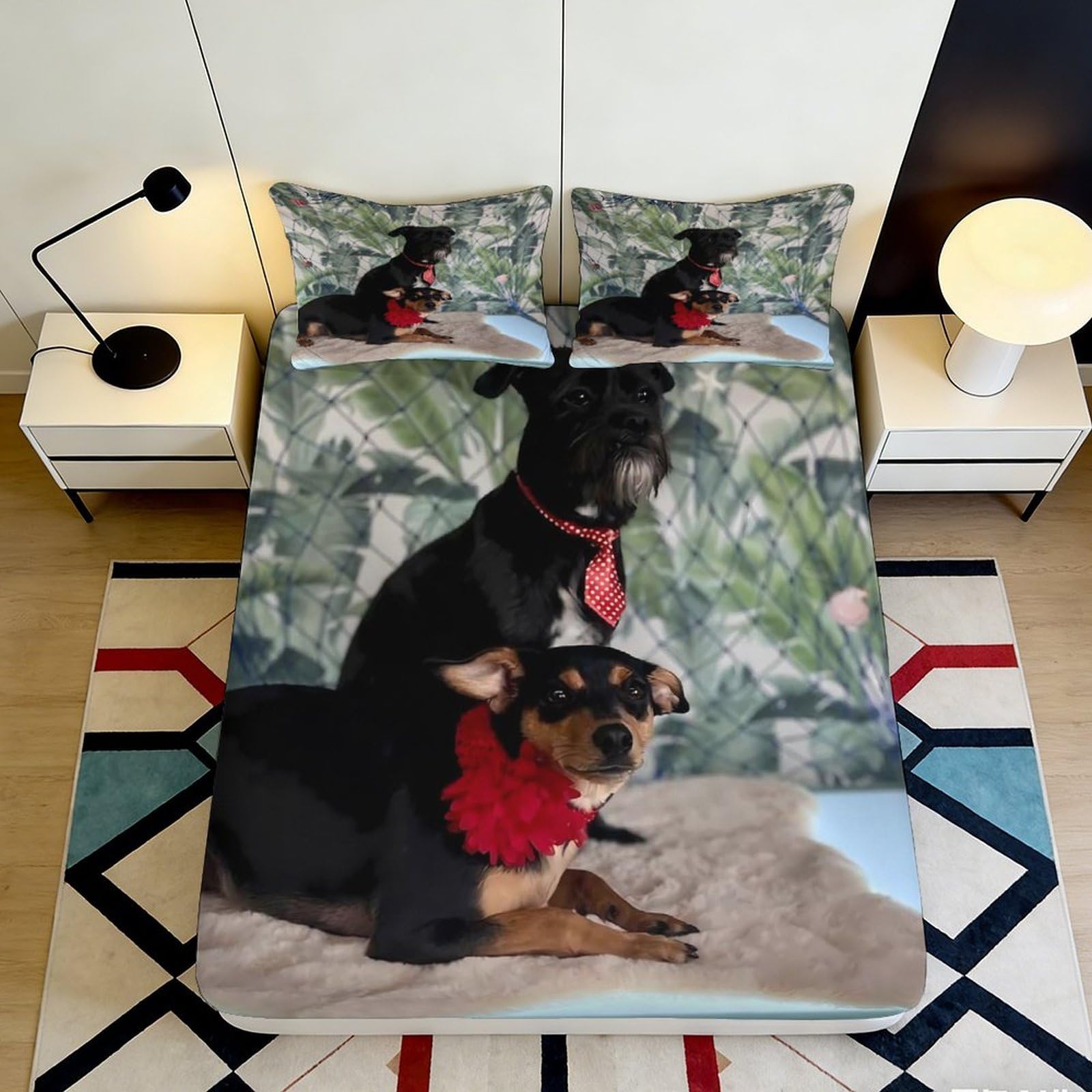 3D Printed Dog Duo Fitted Sheet Microfiber Soft Decorative Pet Portrait Bed Cover for Bedroom Guest Room 90x200x25cm