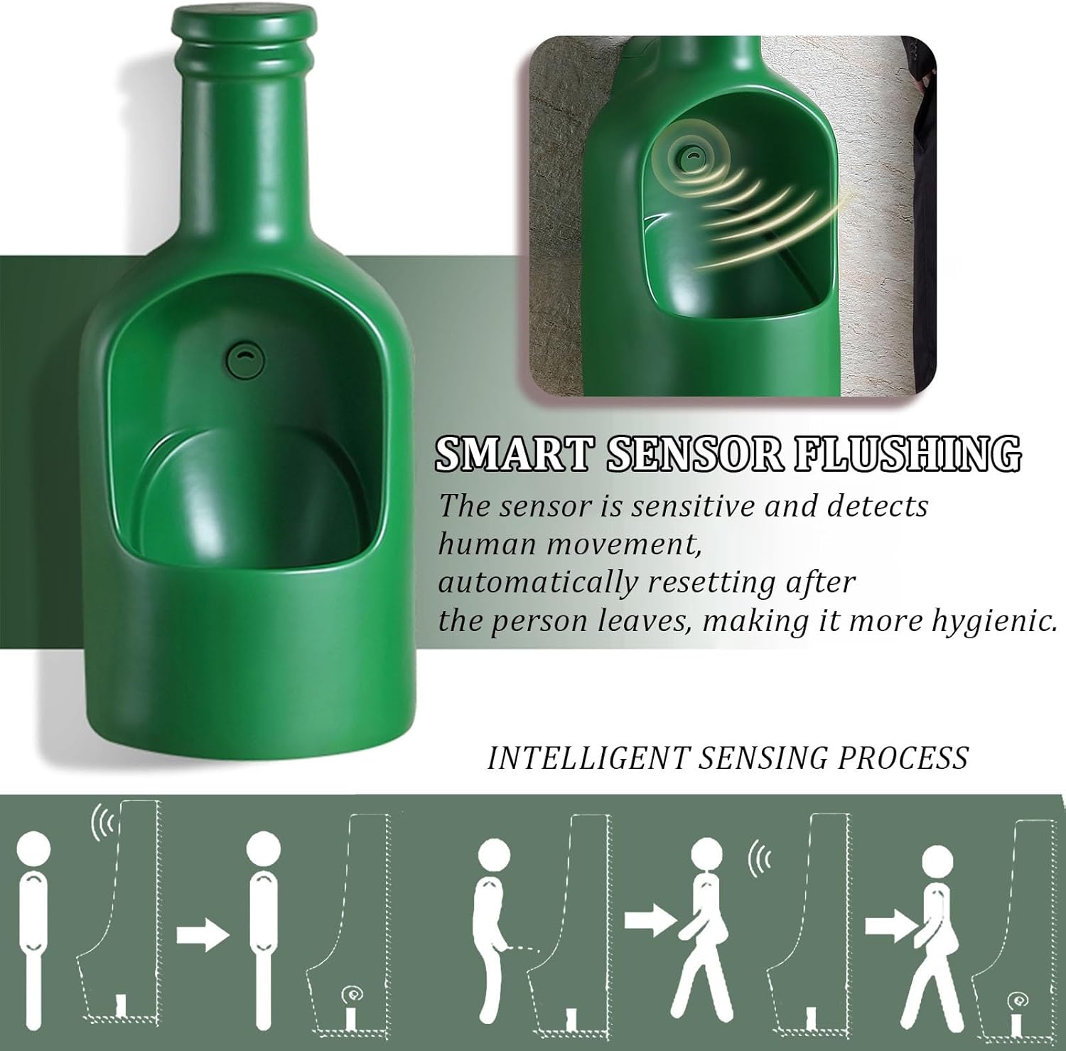 Modern Wall-Mounted Bottle-shaped urinal for men's restrooms,Intelligent Sensor Flush Male Urinal,With retractable nozzle,for Bathrooms,bar, Hotels, Shopping(Green)