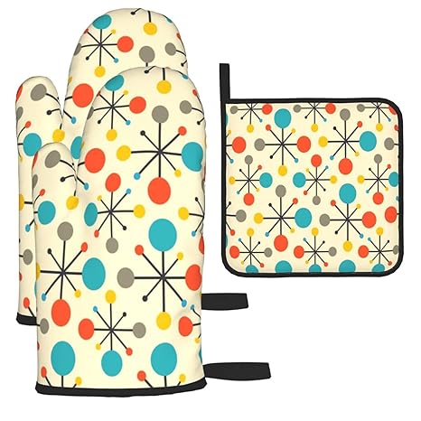 Mid Century Fifties Modern Atomic Retro Colors Oven Mitts and Pot Holders Sets Heat Resistant 3 Pcs Kitchen Sets for Kitchen,Cooking,Baking,Grilling,Cooks Gifts