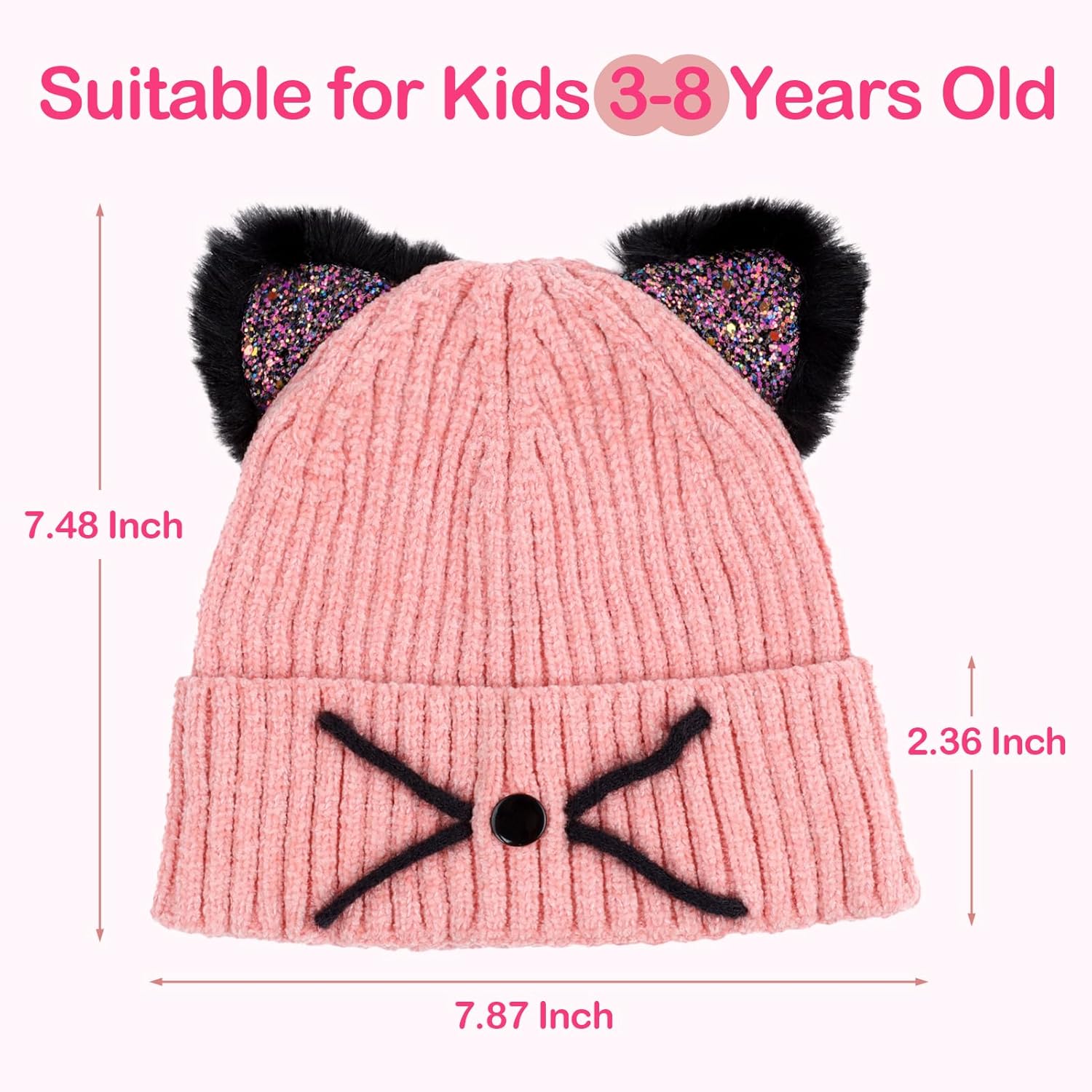 Little Girls Sequin Cat Ears Hats Cute Warm Knit Beanie Hat for Kids Winter Outdoor Snow Ski Skull Cap 3-8 Years
