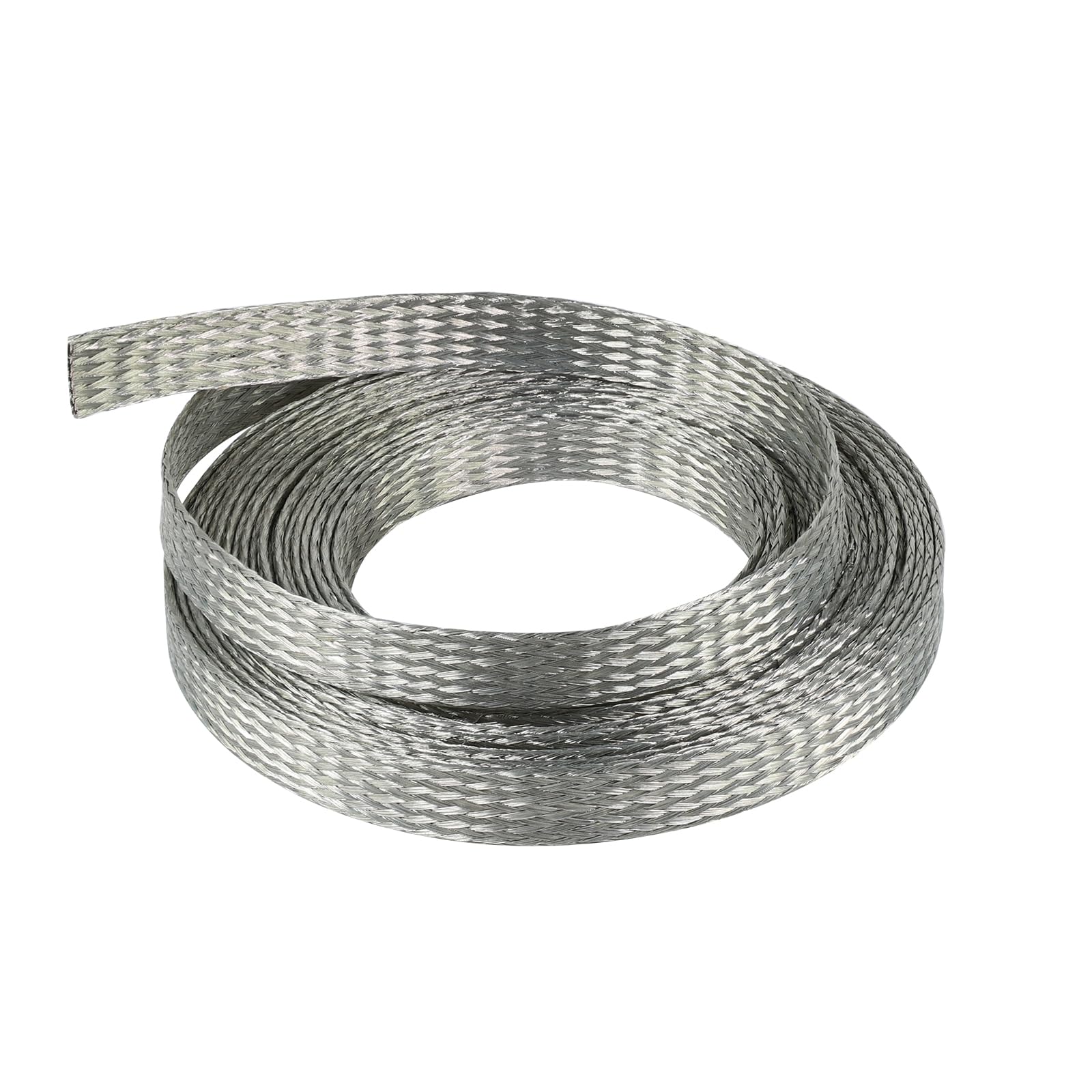 Tinned Copper Grounding Braid Straps Shielding Wire Sheathing Cable Sleeve Metal Flat Mesh Flexible Expandable (1/2 in Wide(0.32 in Dia)-15ft)