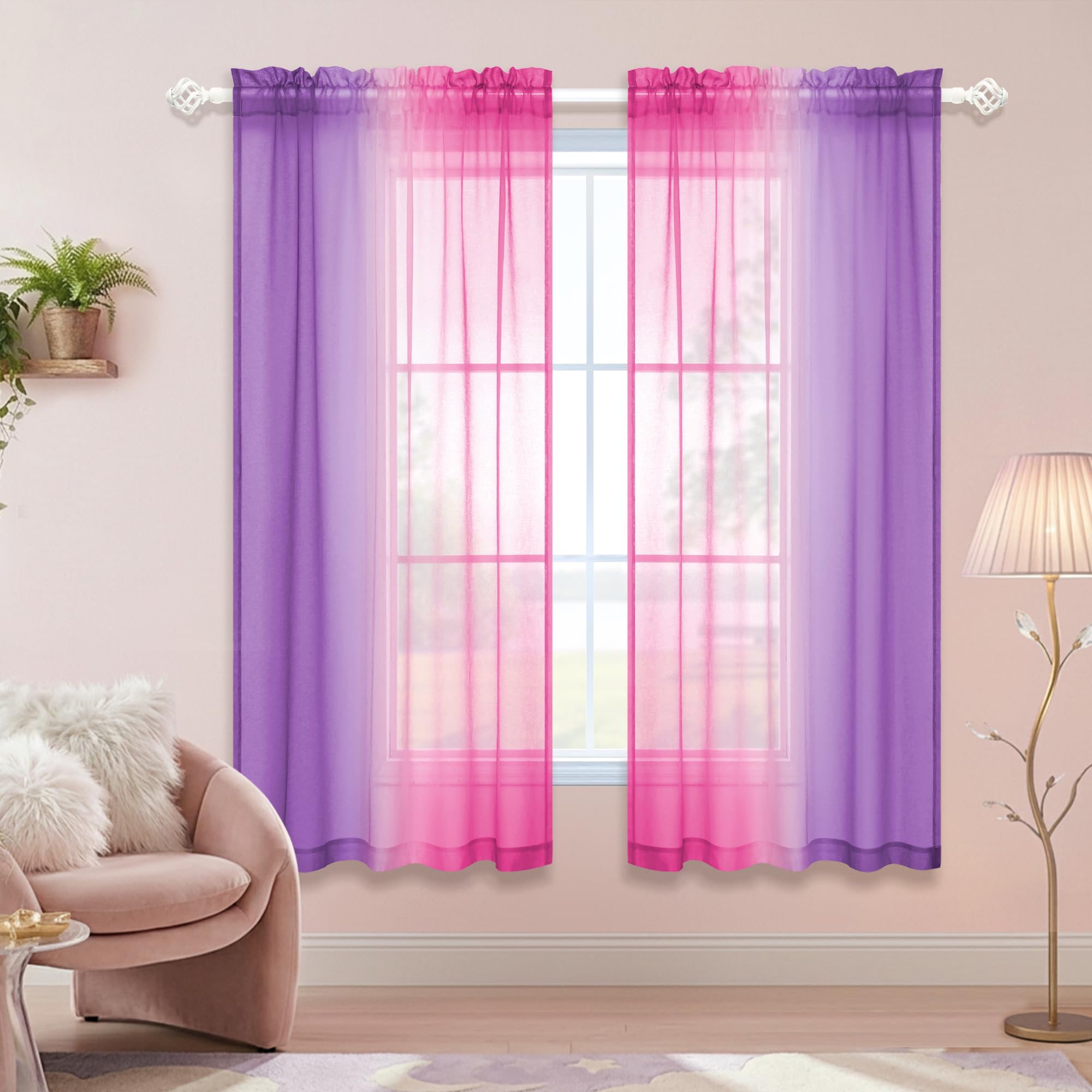 KOUFALL Pink and Purple Curtains 63 Inch Length for Girls Room Decor 2 Panels Set Kawaii Rainbow Window Sheer Ombre Lavender Lilac Teen Curtains for
