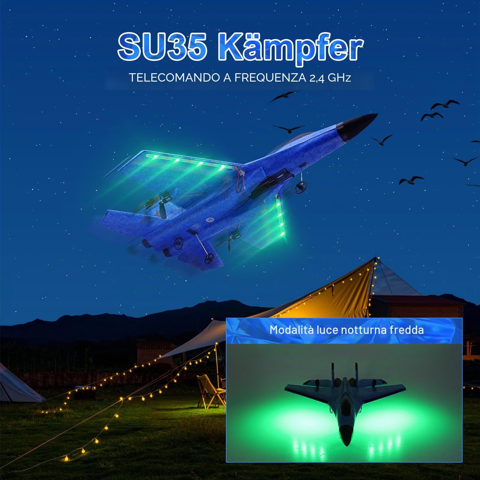 Henakmsl 2CH Aereo Telecomandato SU35, 2,4 GHz Aereo RC Aeroplano Telecomandato con 2 Batterie e Luci Colorate, Aliante Volante Telecomandato per Adatto a Bambini/Adulti/Principianti, Blu