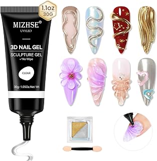 MIZHSE 3D Sculpting Nail Gel with Chrome Powder Silver and Gold Mirror Effect 30 g Rhinestone Glue Gel for 3D Nail Art Carving Nail Glue Gel 5D Embossed Nail Design and Sculpting