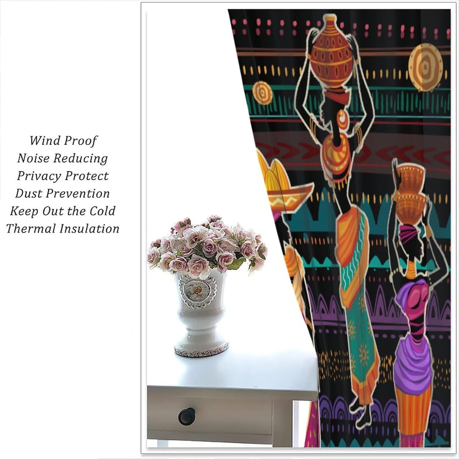 Country Farmhouse African Black Woman Blackout Curtains, Abstract Bohemian Tribal Ethnic Ancient Window Drapes, for Living Room Bedroom 42" W X 45" L