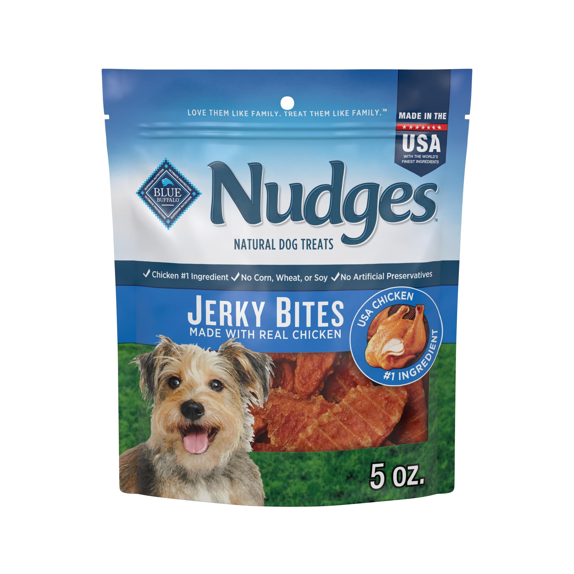Blue Buffalo Nudges Jerky Bites Dog Treats, Made in the USA with Natural Ingredients, Bite-Sized Pieces, Chicken, 5-oz Bag