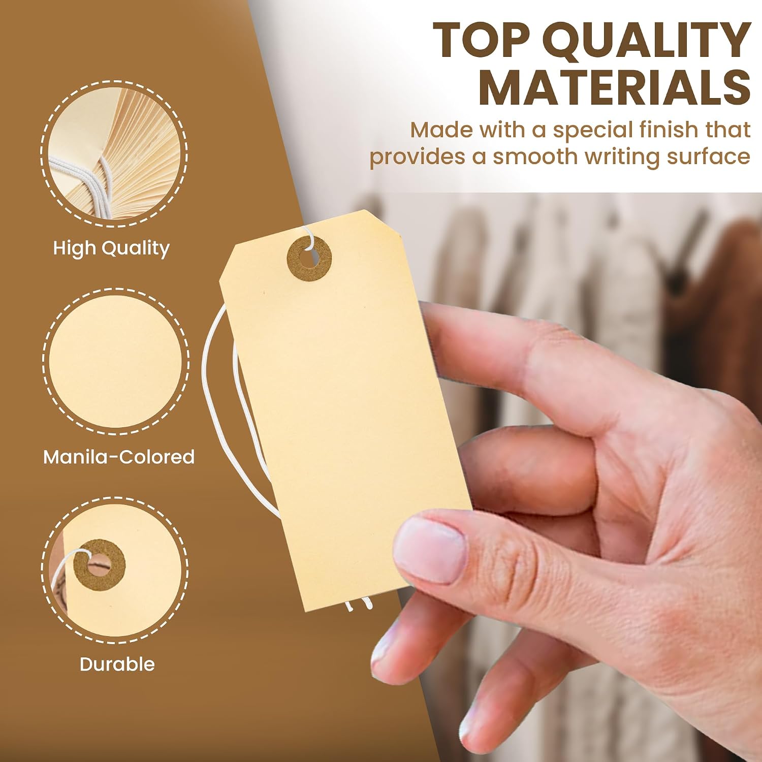 Perco Manila Shipping Tags with Elastic Strings — Large Durable Blank Paper Tags 4¾″ x 2⅜″ — Ideal for Labeling and Inventory Use — Box of 100