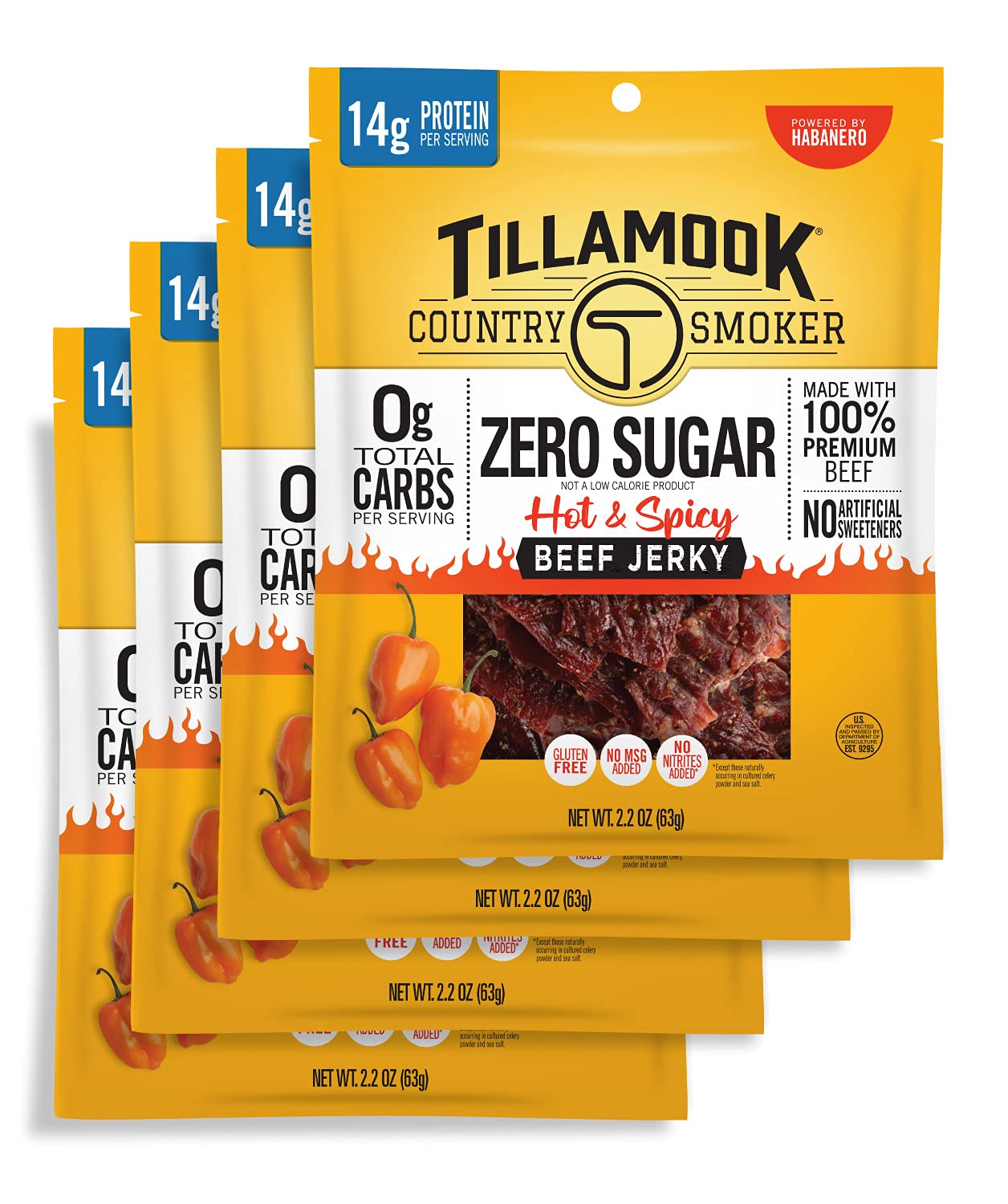 TILLAMOOK COUNTRY SMOKER Keto Friendly Zero Sugar Beef Jerky, Hot & Spicy, 2.2 Oz, Pack of 4