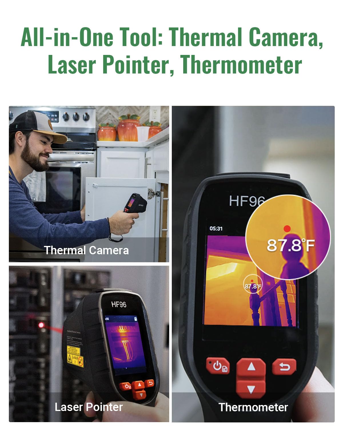 HF96 Thermal Camera, Super Resolution 240 x 240, Thermal Imaging Camera with Laser Pointer, Intelligent Scene Detection, 96 x 96 IR Resolution, 25 HZ Infrared Camera, -4°F~1022°F,11h Runtime 3