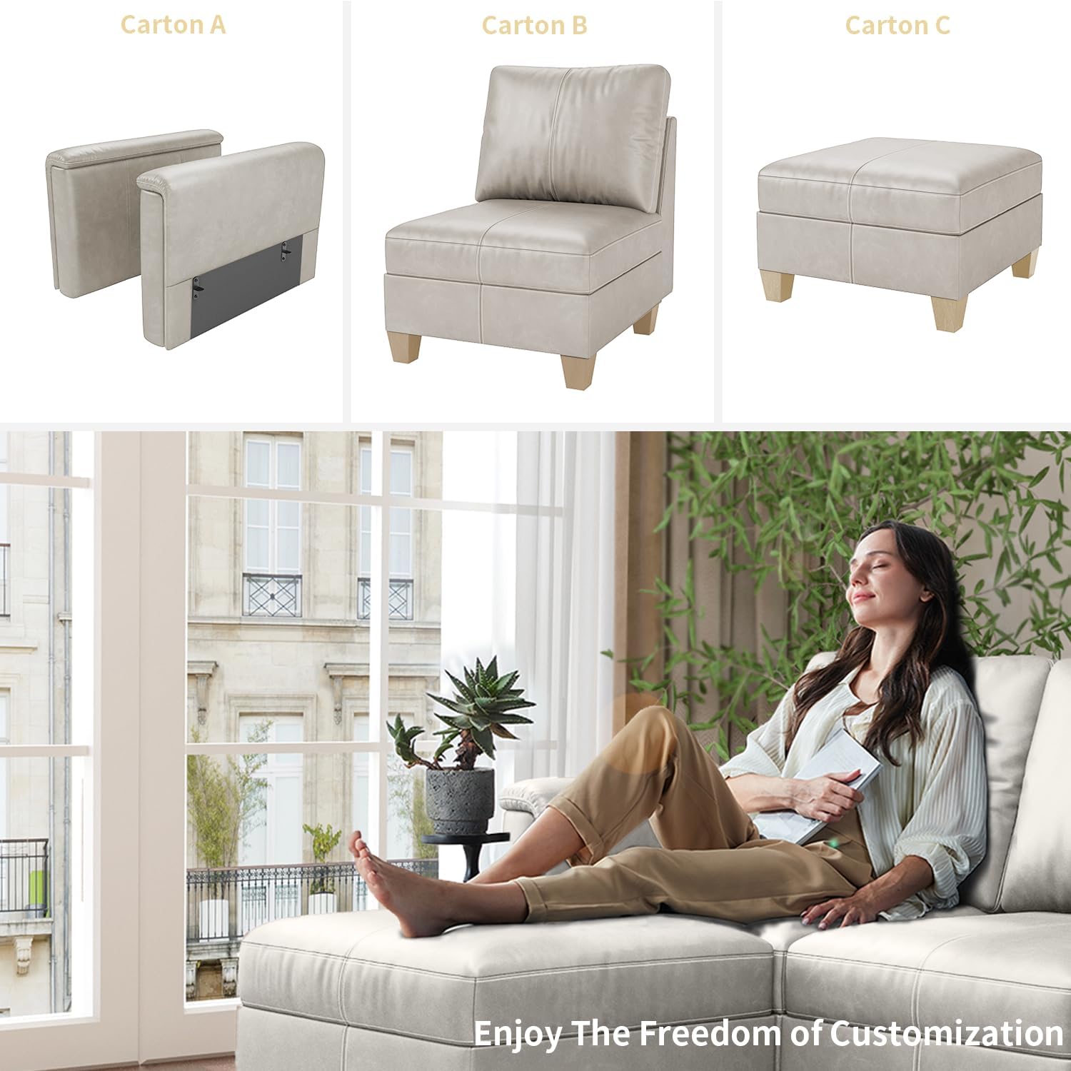SITJOY Faux Leather Modular Sectional Sofa with Storage, Mid Century Modern Sectional Couches for Living Room, Soft Padded Armrests, 145" Wide 8 Seater U-Shaped Couch with Chaise, Greige