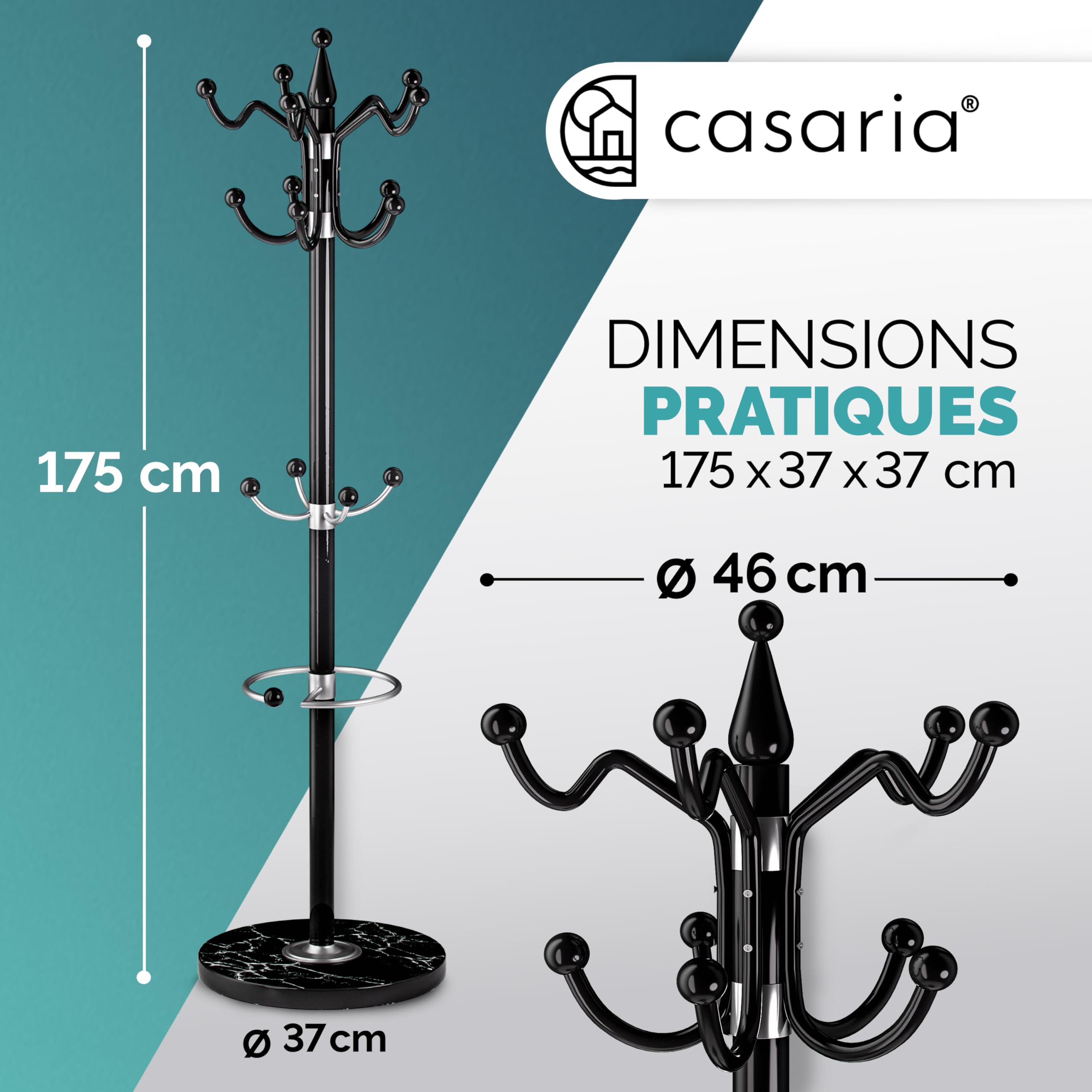 Casaria® Porte-manteau avec socle Noir en marbre 14 crochets 37x37x175cm portemanteau sur pieds stable tête pivotante