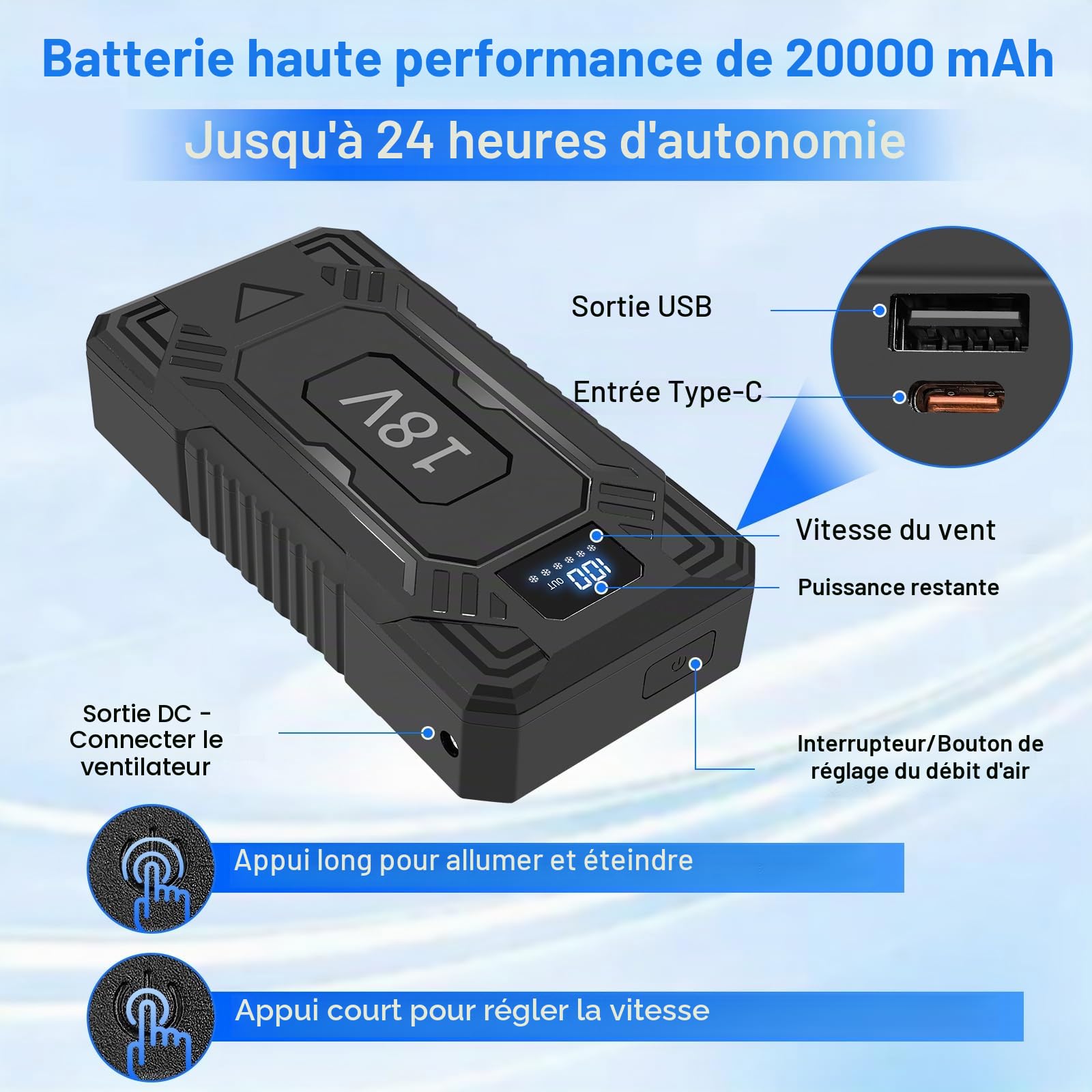 FERNIDA Gilet rafraîchissant 18 V avec batterie et 2 ventilateurs pour soulager la chaleur estivale, vêtements de climatisation respirants