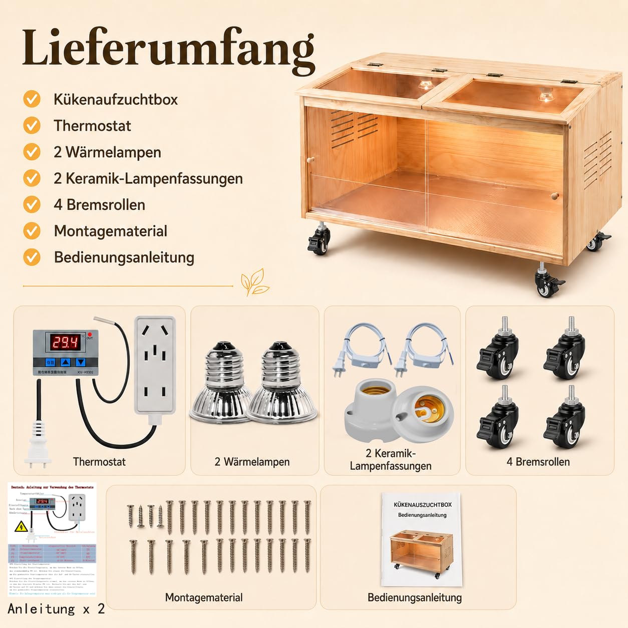 Kükenaufzuchtbox aus Kiefernholz, Kükenheim mit Thermostat, 2 Wärmelampen, Belüftung, Schiebetür & 4 Bremsrollen, Brutkasten für Küken, Hamster und Wachteln (80x40x40cm)