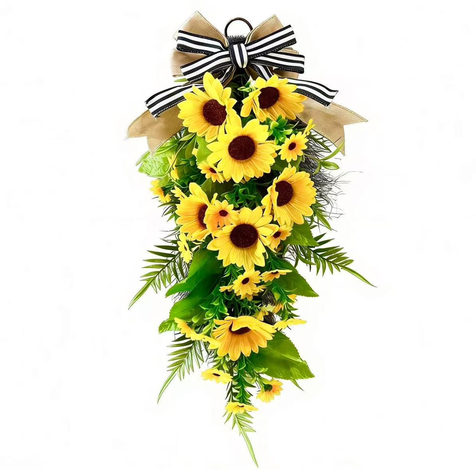 Otbushit 24 Inch Sunflower Wreath for Front Door, Teardrop Wreath with Burlap Bow, Vibrant Yellow Spring and Summer Floral Hanging Decor for Porch and Indoor