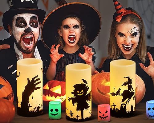 Miniatura 3 de Eldnacele Juego de 3 velas parpadeantes de Halloween que funcionan con pilas, decoración espeluznante de terror