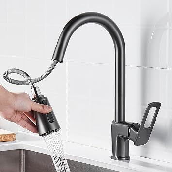 Kitchen Sink Hot and Cold Water Faucet Pull-Out Rotatable Retractable Laundry Sink Full Copper Gun Gray, Silver