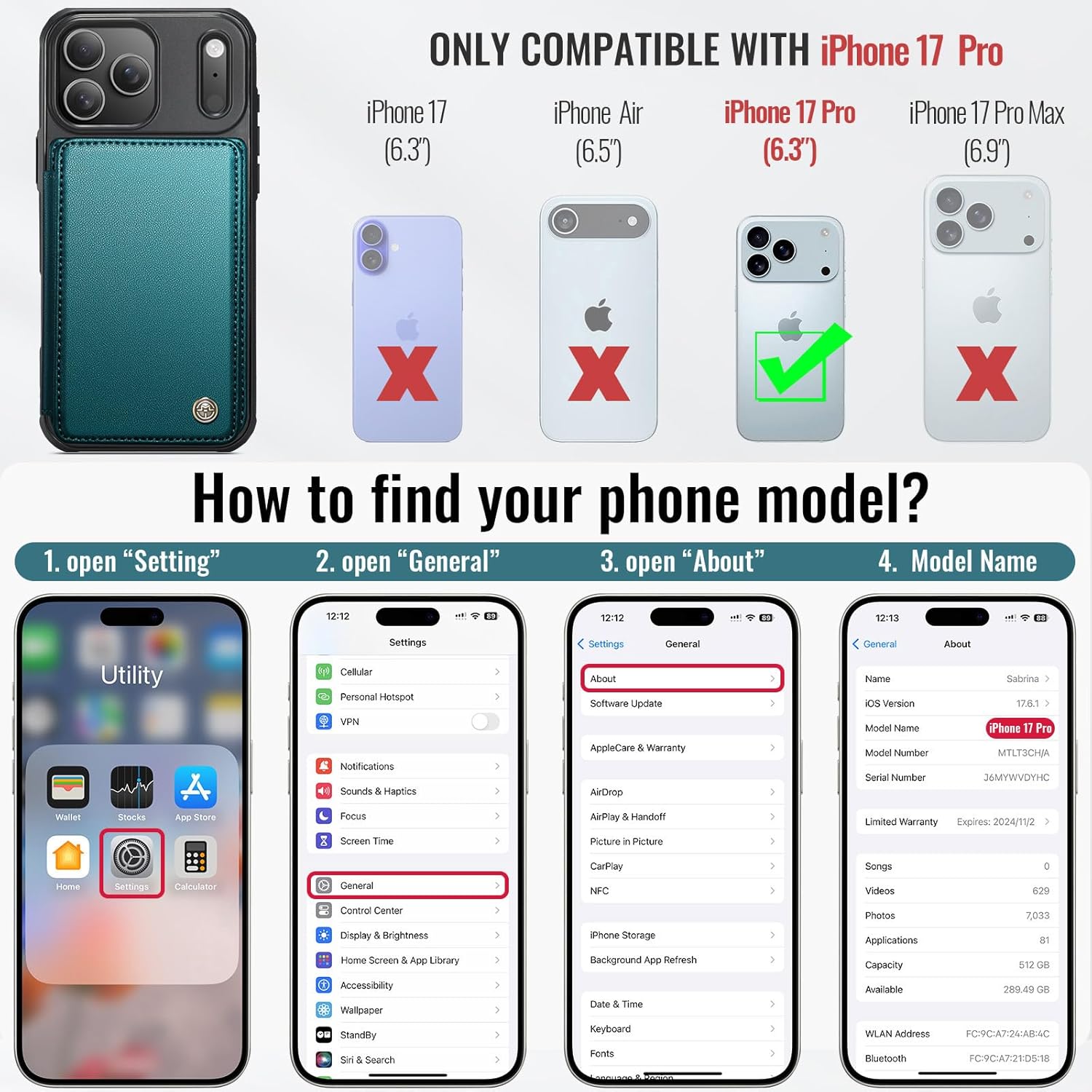 Vinich for iPhone 17 Pro Wallet Case with Card Holder, RFID Blocking Credit Slots Kickstand Shockproof Phone Cover Fit for iPhone 17 Pro 6.3" Bluish Green - Image 4