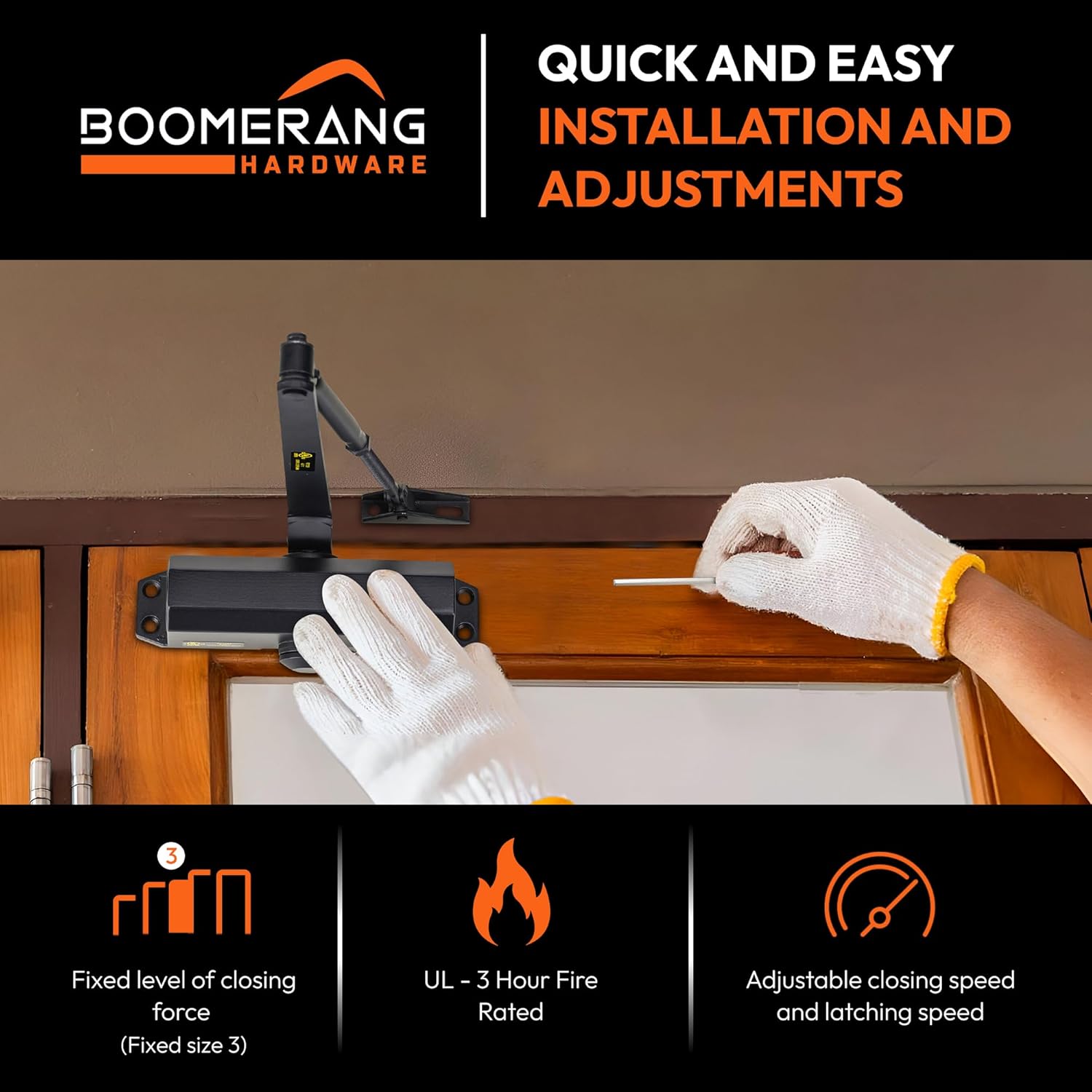 Boomerang Light/Medium Duty Residential & Light Commercial Auto Door Closer -D503 Surface Mounted, Cast Aluminum Closer, Adjustable Closing, Grade 2 & UL 3 Hour Fire Rated, Matte Black (US19)