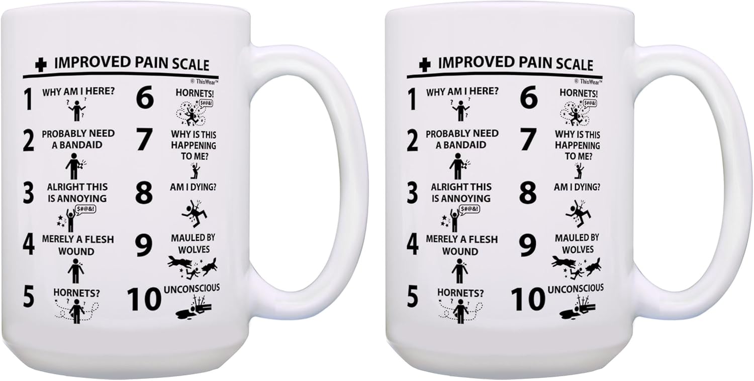 ThisWear RN Gifts for Nurses Gag Gift Improved Pain Scale 2 Pack 11oz Ceramic Coffee Mug Set