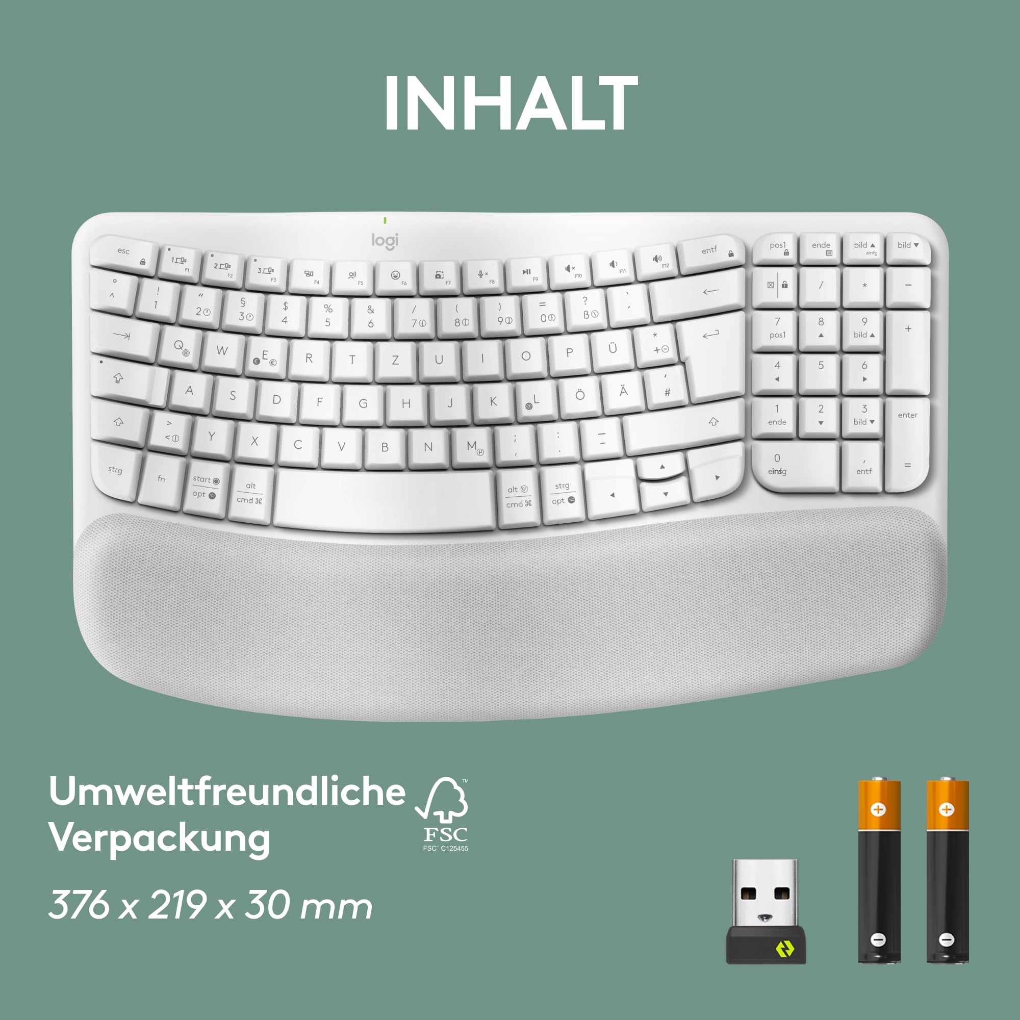 Logitech Wave Keys kabellose ergonomische Tastatur, gepolsterte Handballenauflage, natürliches Tippen, Easy-Switch, Bluetooth, Logi Bolt, Multi-OS,Windows/Mac, Deutsches QWERTZ Layout-Weiß