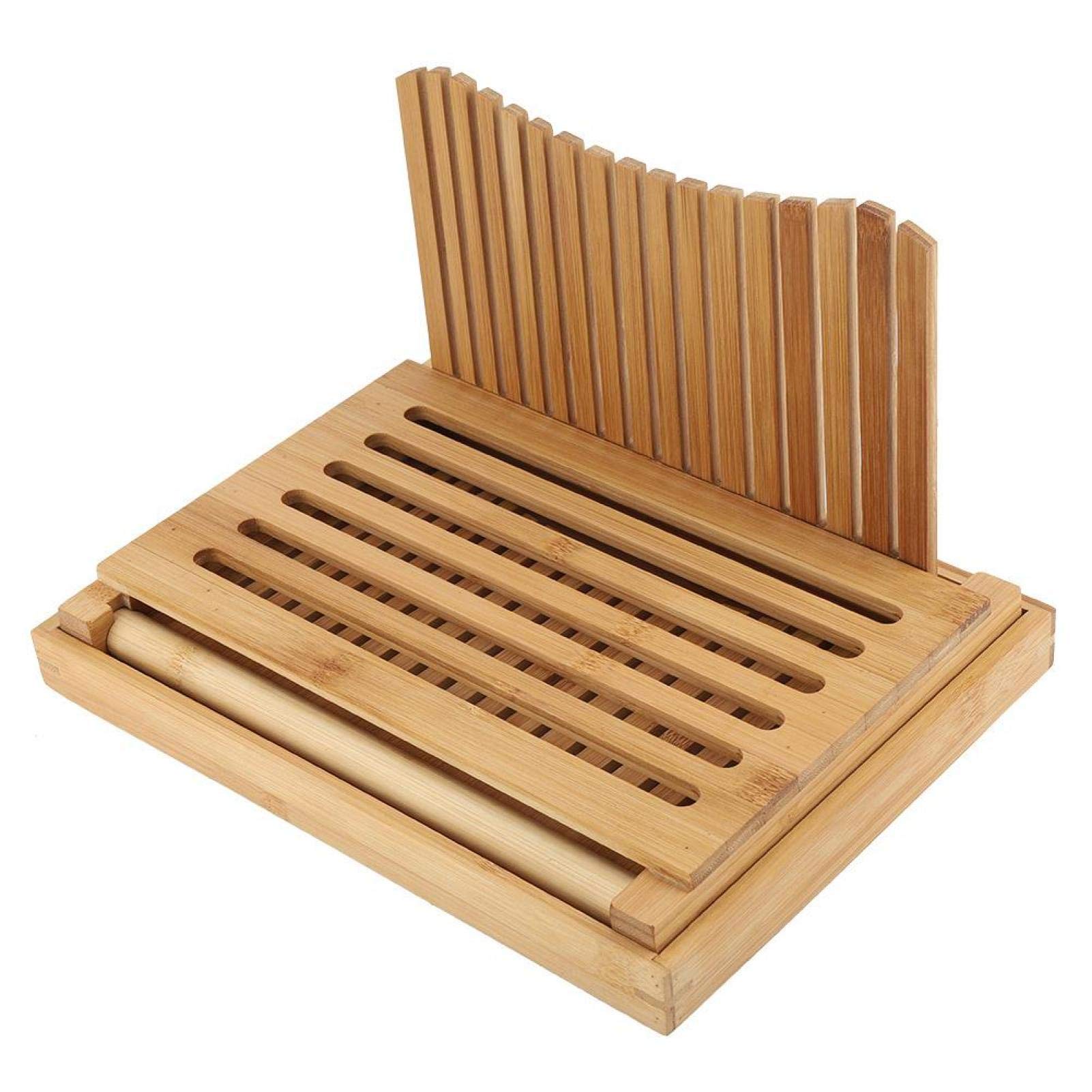 Cortador de pan de bambú con recogedor de migas, guía de corte plegable y compacta para tostadas, pasteles, bagels, sándwich, ideal para entusiastas de la cocina y la repostería