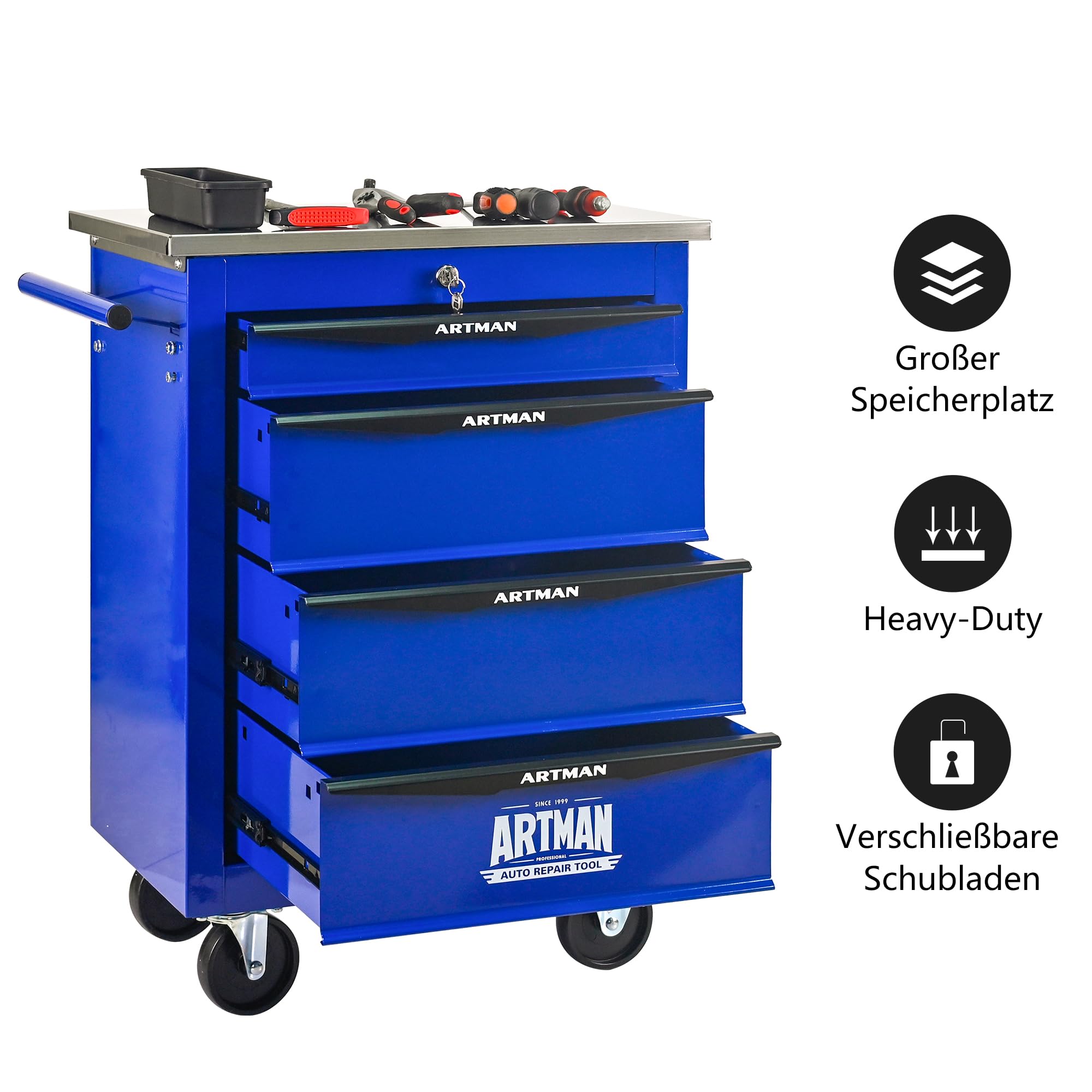 Generisch Carrello portautensili a 4 cassetti, con ruote e cassetti, 15 kg per cassetto, struttura in acciaio, verniciato a polvere, piano di lavoro e ganci, per garage/officina