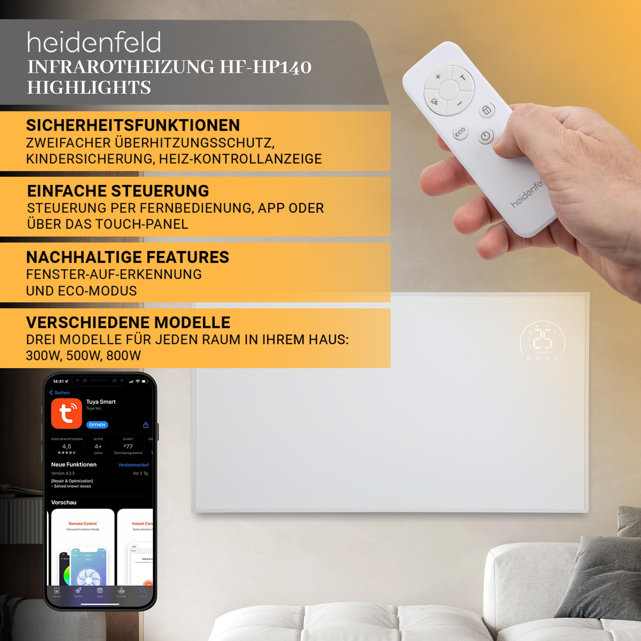 Heidenfeld Infrarotheizung HF-HP140 | 800 Watt bis 20 m² | 3in1 Steuerung via App | Fernbedienung | Touch-Bedienfeld | Mobile Elektroheizung | Infrarot Heizkörper mit Thermostat (HF-HP140 800 Watt)