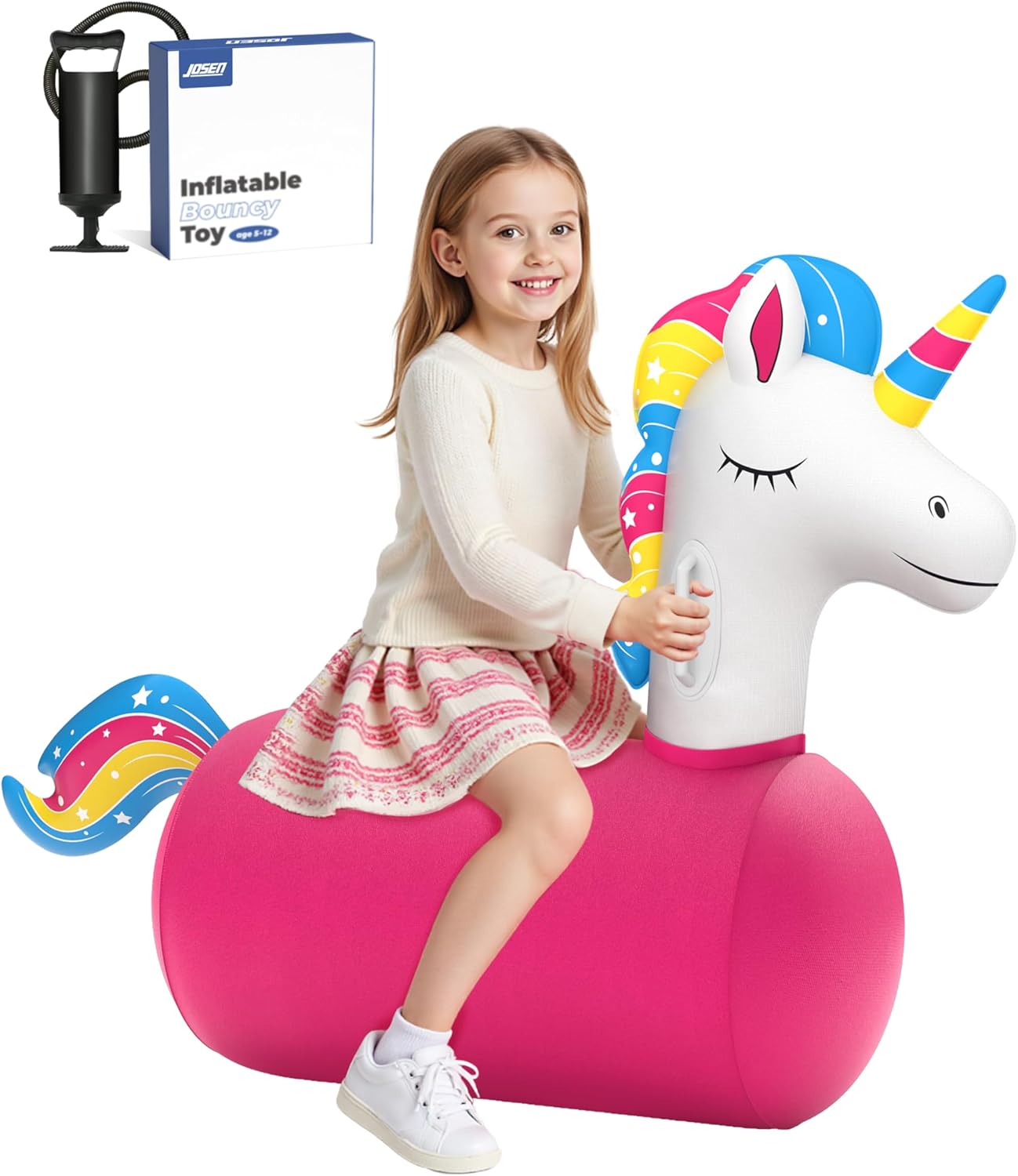 JOSEN Bouncy Hopper Giant Unicorn Ride On Toys, Inflatable Bouncing Animal Hopper with Hand Pump, Jumping Hopping Toys Up to 250lbs, Indoor Outdoor Bouncers for Teen Kids Girls Boys Ages 5+