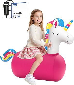 JOSEN Large Inflatable Bouncy Unicorn Hopper Toy with Hand Pump, Kids Indoor Outdoor Ride on Bounce Animal, Bouncing Horse Hopping Toy for Girls, Boys Up to 220lbs, Birthday Gift for 4 6 8 Year Old