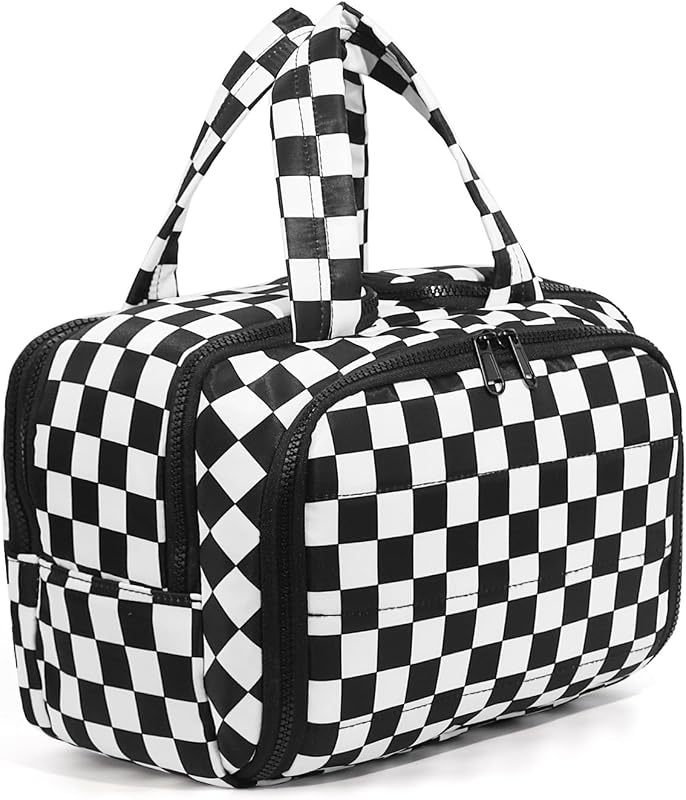 Necessaire de viagem LETGO com estampa xadrez preta e branca, 4 compartimentos e bolso impermeável
