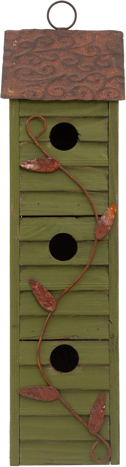 Glitzhome 3-Tier Hanging Bird House Wooden Window Shutters Birdhouse 18 Inch Tall, Green