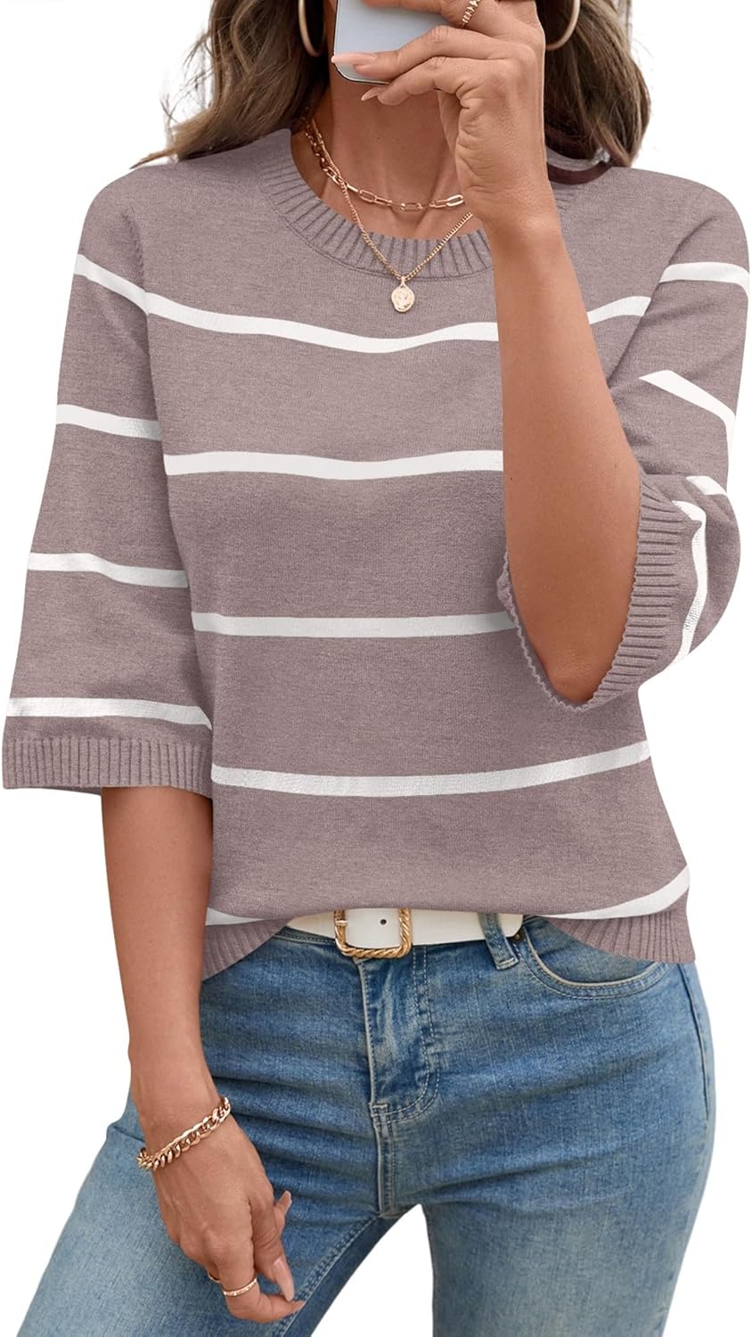 LOMON Womens Sweaters Casual Fall 2025 Crew Neck Striped 3/4 Sleeve Lightweight Knit Trendy Pullover Sweater Tops S-XL