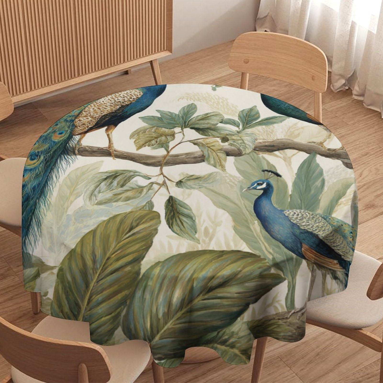 LUYYSKY Classic Fantasy Birds Peacocks Waterproof Round Tablecloth Retro Oil Painting Botanical Branch Animals Peacocks Pattern Washable Table Cover for Kitchen-127 Wx127 L cm