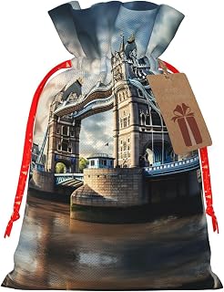Historic Old Tower Bridge London Printing 4.7x6.9 In Christmas Bag With Drawstring And Cute Kraft Tag, Fits Gifts And Daily Small Items