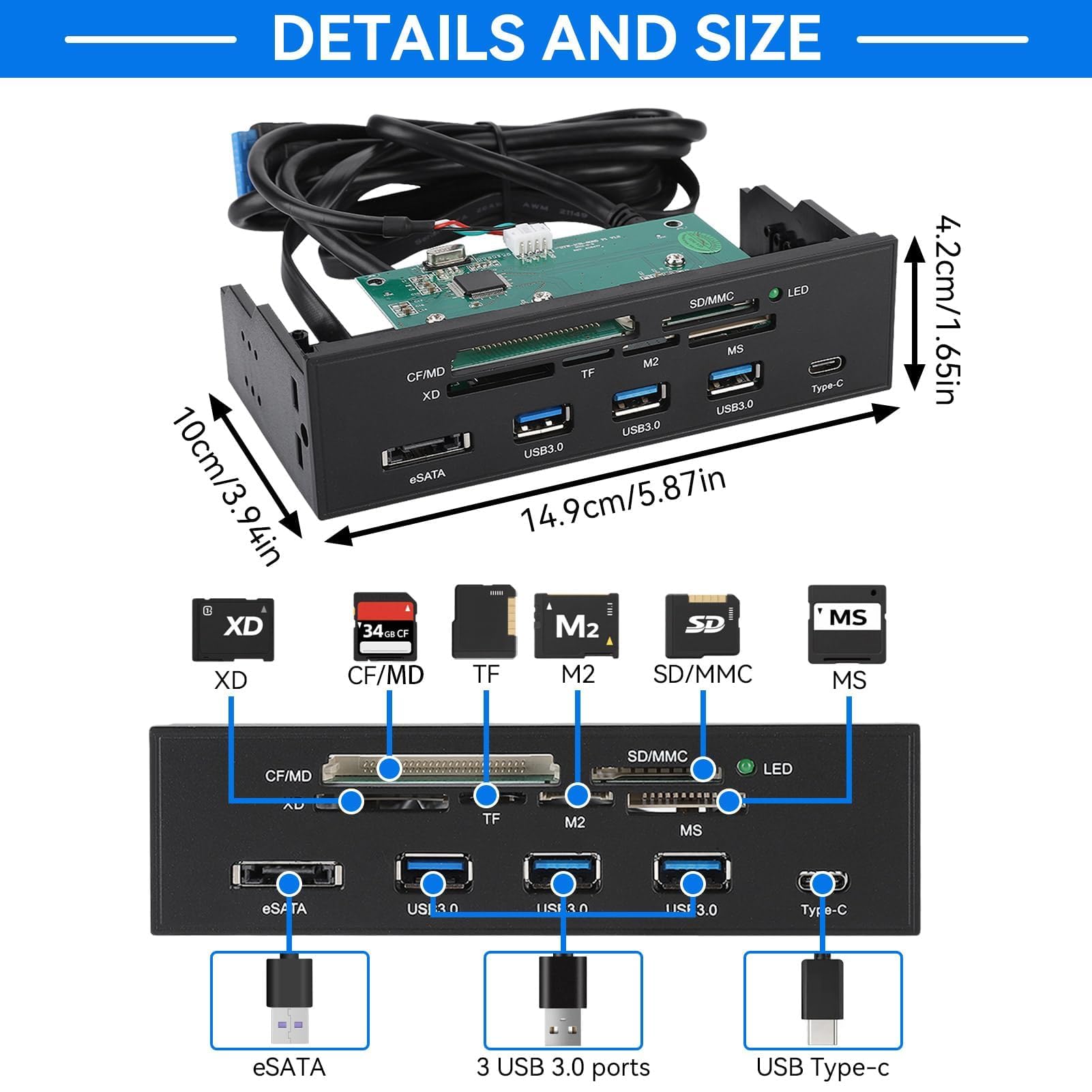 Lecteur De Carte Interne, 5,25 Pouces USB 3.0 Interface PC Panneau Avant Lecteur De Carte Interne Hub Lecteur De Carte Tout-en-Un M2 SD MS XD CF Carte TF pour Boîtier D'ordinateur Baie Avant