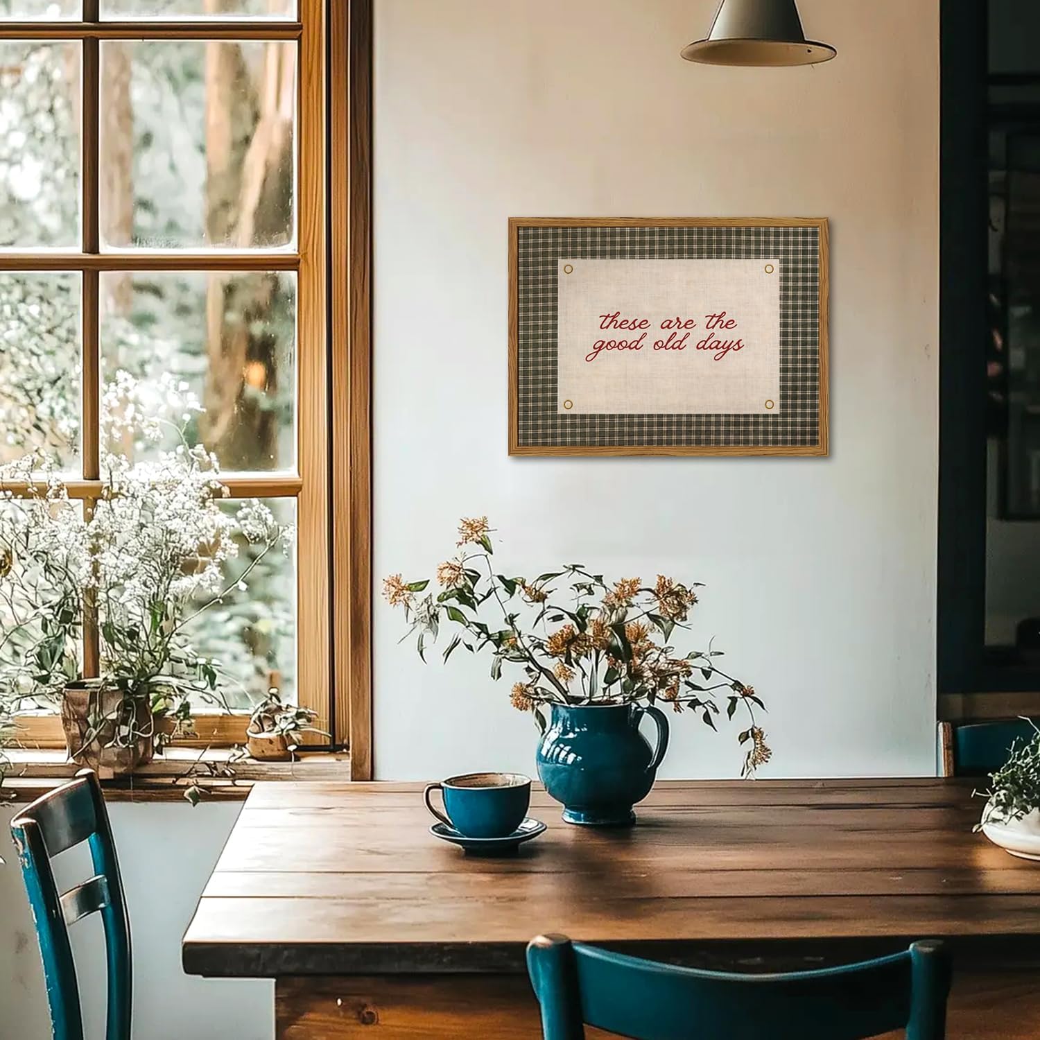 Framed These Are The Good Old Days Wall Art, Vintage Family Inspirational Quote Pictures Wall Decor, Retro Green Gingham Paintings Prints Motivational Home Decor for Living Room Bedroom 16x24 inch