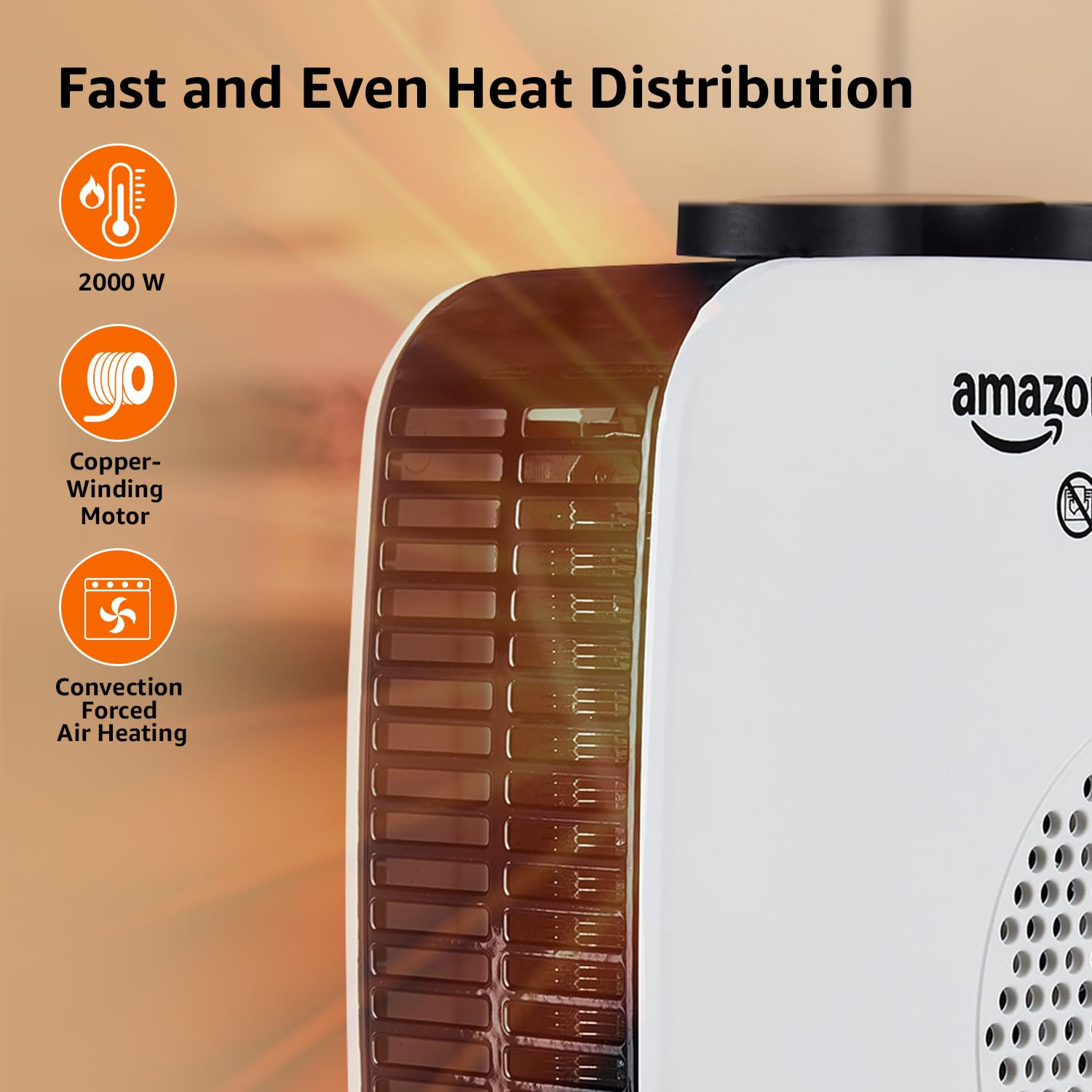AmazonBasics Compact Portable Room Heater | 2000W | Corded Electric | Convection Heating with 2 Heat Settings | Indoor Use | Small | White PP Plastic 1