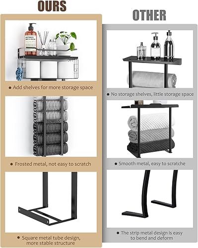 Miniatura 4 de Toalleros para baño de 31 pulgadas montado en la pared, estante flotante con tablón de madera, almacenamiento de toallas para baño puede contener 6