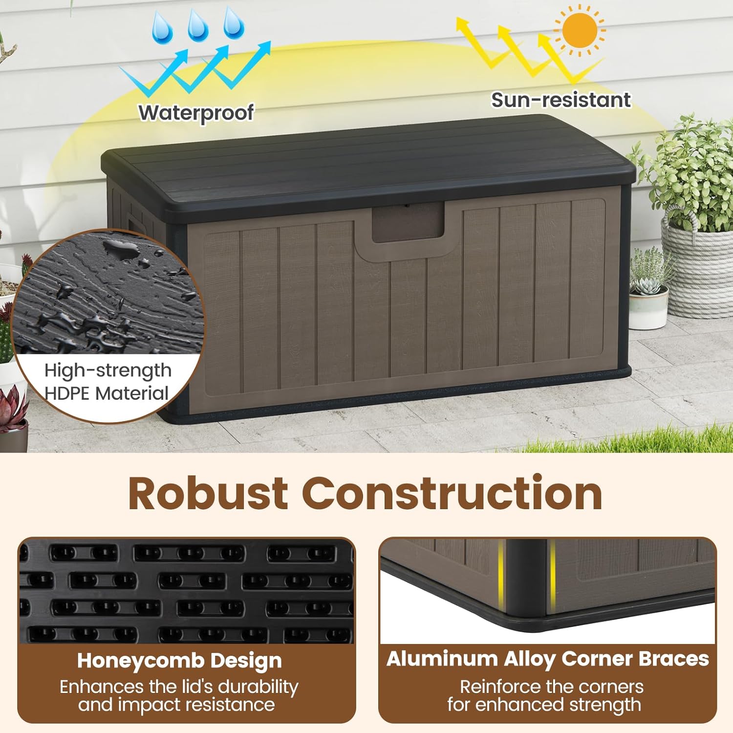 Giantex 100 Gallon Deck Box, Waterproof Resin Box with Lockable Lid, 440Lbs Outdoor HDPE Storage Container Bench for Patio Furniture Cushions, Pool Tools & Garden Accessories (Black+Brown)