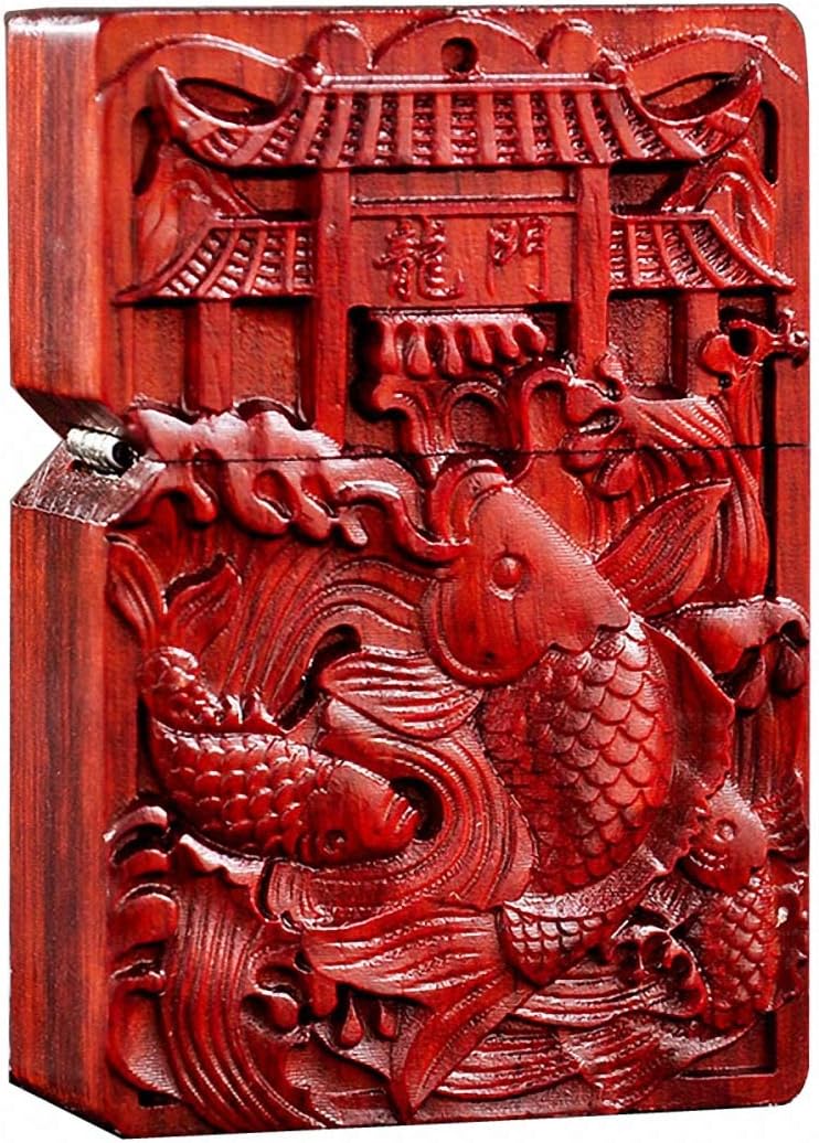 Natural Huanghuali Rosewood Carving Lighter Outer Casing for Zippo Module (Fish Jump Dragon Gate)