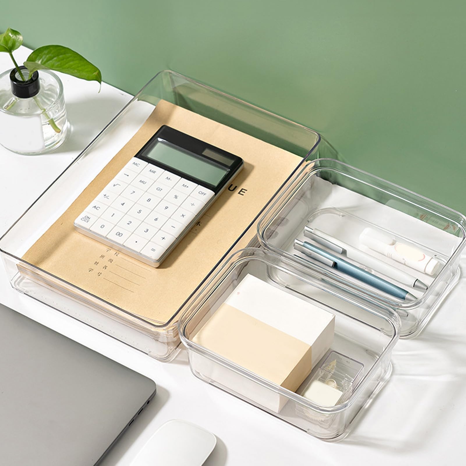 Set di scatole portaoggetti da scrivania, organizer trasparente per cassetti, contenitori impilabili antiscivolo, set di organizer per trucchi, bagno, cucina e ufficio