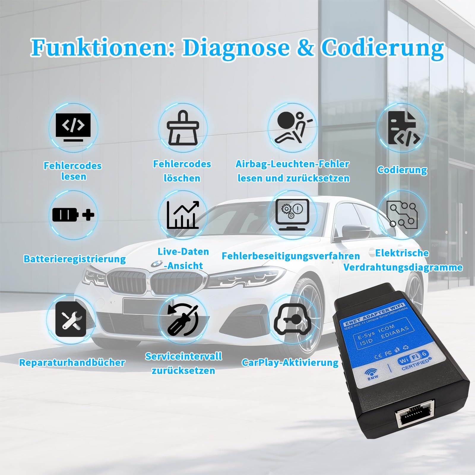 for MHD for Bootmod3 WiFi-Adapter OBD2-Diagnose&Codierung für BMW F-Serie G/I Serie;Kompatibel mit BimmerCode, xDelete, Kies,E-SYS,Ethernet und ISTA D;Funktioniert mit iOS,Android&Windows