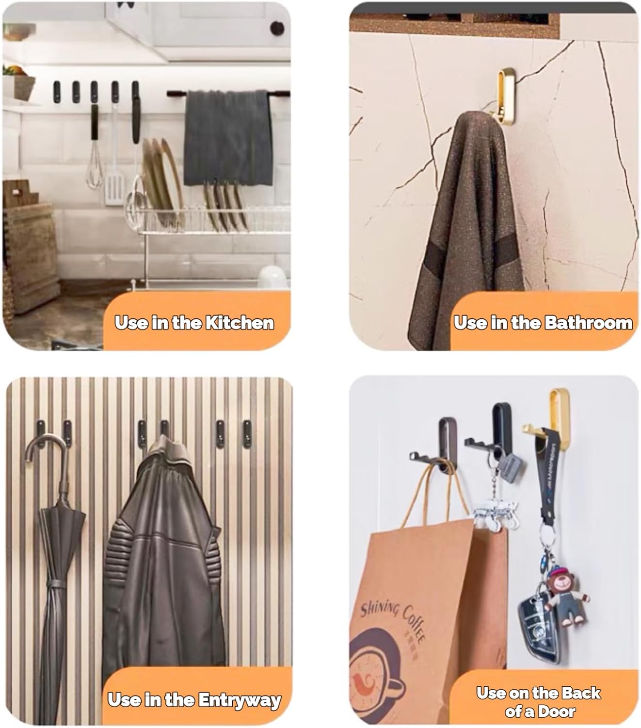 4 Pack Gold Folding Wall Hooks - Heavy Duty 40lbs Foldable Coat Hooks for Bathroom, Closet & Entryway | Decorative Zinc Alloy Towel/Robe/Bag Hangers | Space Saving Wall Mounted Hooks