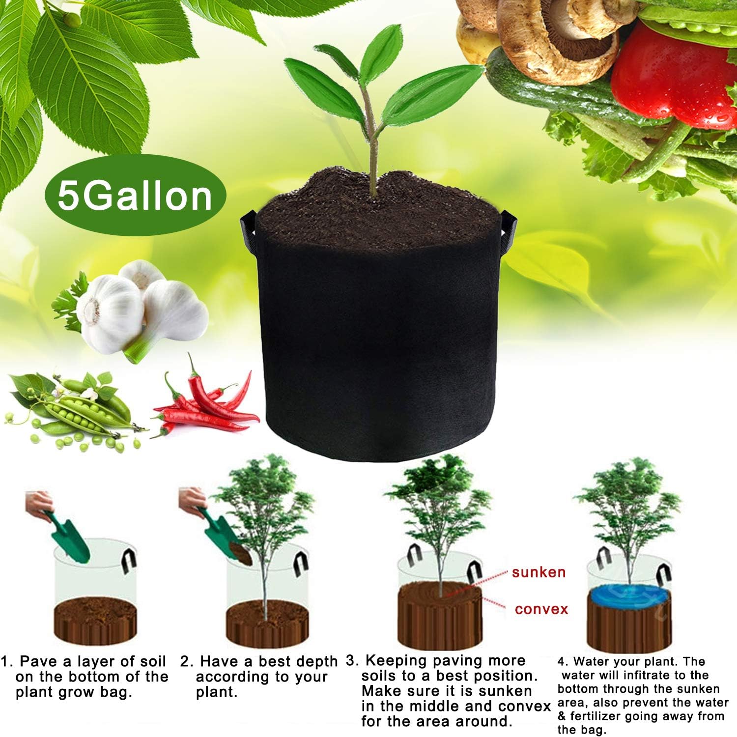 JES&MEDIS 12-Pack 5 Gallon Plant Grow Bags Thick Aeration Non Woven Fabric Flower Vegetable Pots with Handles Garden Container Black (5 Gallon_12 Pack)