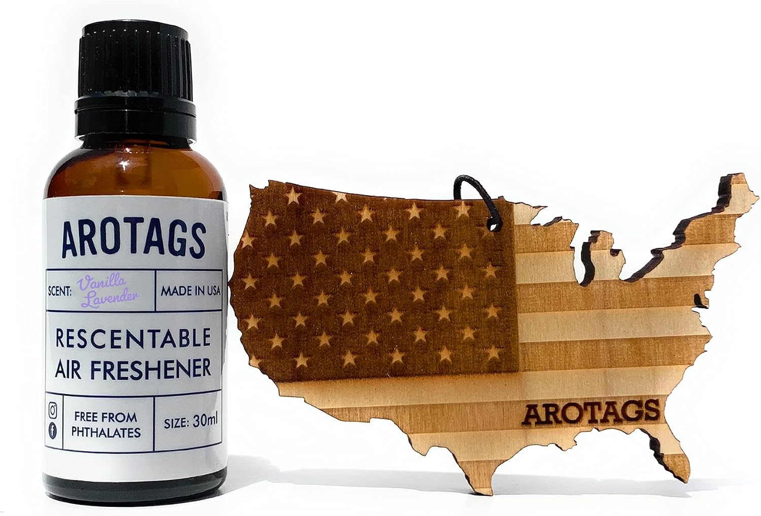 Arotags Wooden Car Air Freshener - Long Lasting Vanilla Lavender Scent Diffuses for 365+ Days - Includes American Patriot Hanging Mirror Diffuser and Fragrance Oil - 100% American Made